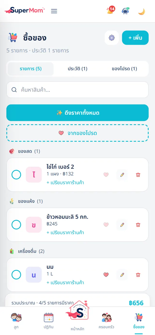 รายการซื้อของแยกตามหมวด พร้อมราคา การเปรียบเทียบร้านค้า และยอดรวมโดยประมาณ